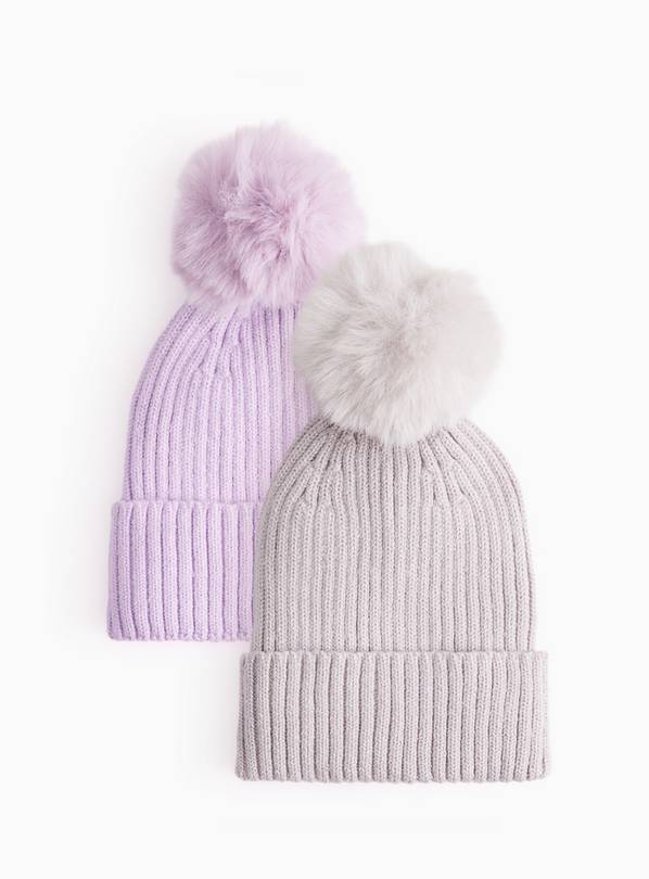 Ribbed Pom Pom Beanie Hats 2-Pack 10-13 years
